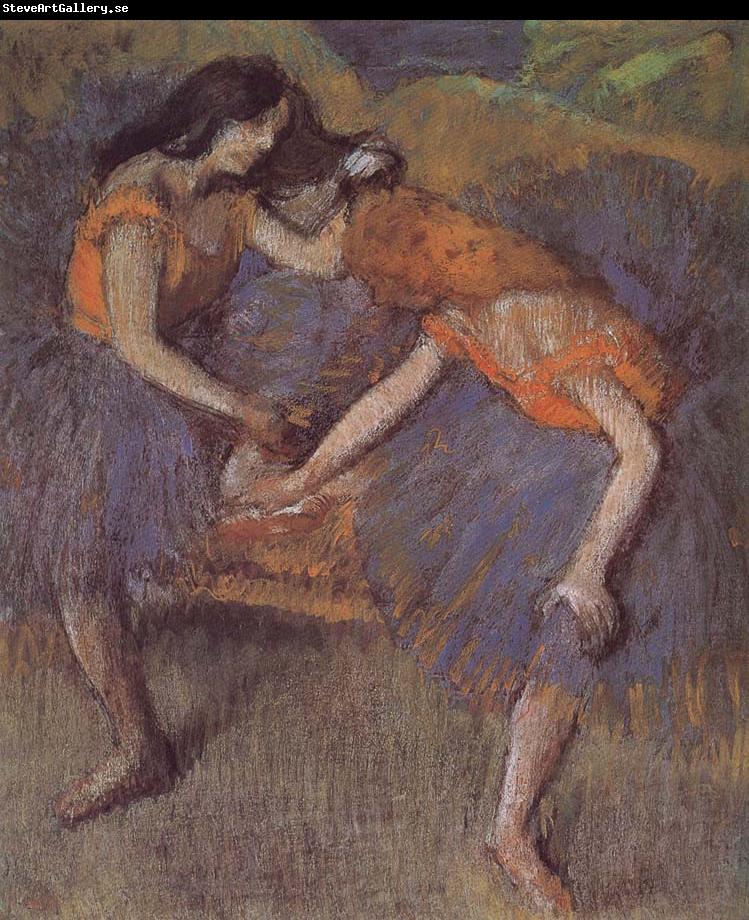 Edgar Degas Two dance wear yellow dress